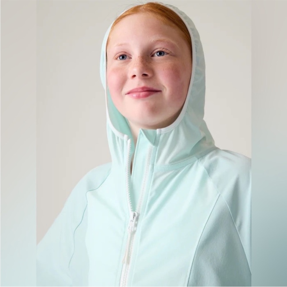 Athleta Track Star Hooded Jacket Light Blue/Aqua/Oasis/Packable-Girls Sz XL / 14 - Picture 7 of 9